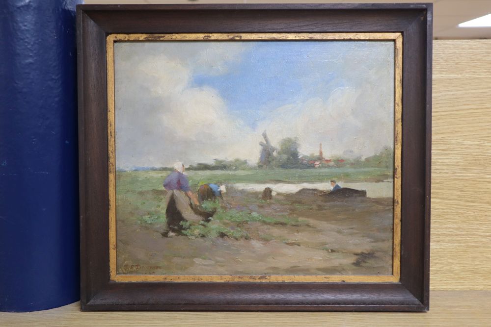 Janet Sutherland Davidson (19th/20th century), Dutch landscape with figures working in a field by a river, 29cm x 34.5cm